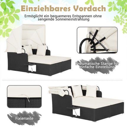2-person rattan sun lounger with retractable canopy & folding tray & cushions