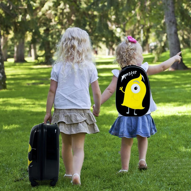 2-piece children's luggage monster picture travel suitcase children's suitcase + backpack black