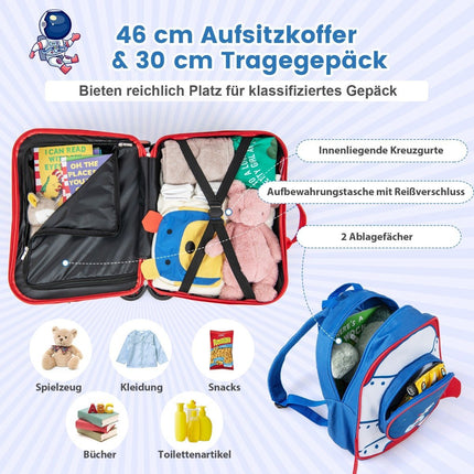 2-piece children's suitcase + backpack 47 cm long ride-on suitcase and 30 cm wide backpack 12"+18" astronauts