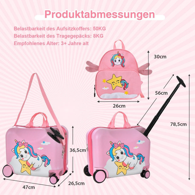 2-piece children's suitcase + backpack 47 cm long ride-on suitcase and 30 cm wide backpack pink unicorn