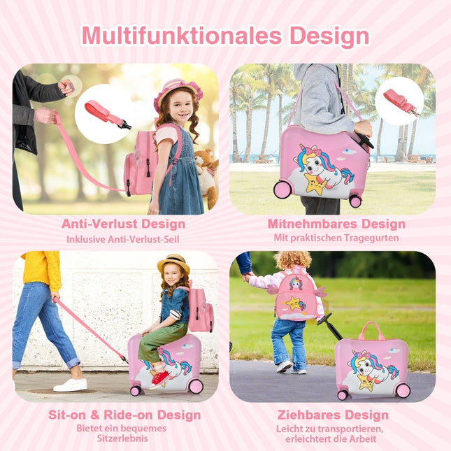 2-piece children's suitcase + backpack 47 cm long ride-on suitcase and 30 cm wide backpack pink unicorn