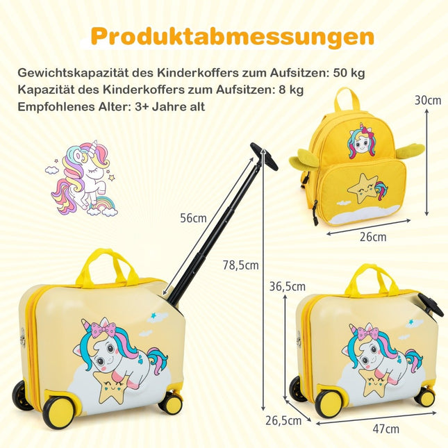 2-piece children's suitcase + backpack 47 cm long ride-on suitcase and 30 cm wide backpack yellow unicorn