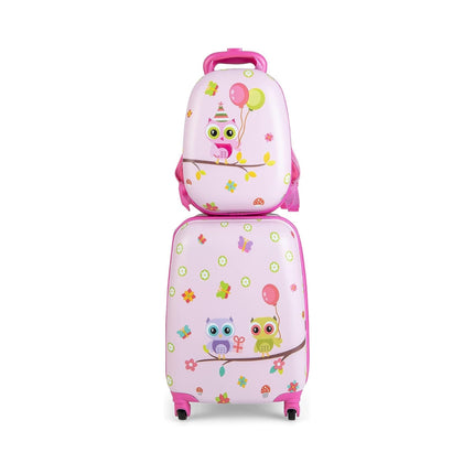 2-piece children's suitcase + backpack made of plastic children's trolley 12"+16" pink birds