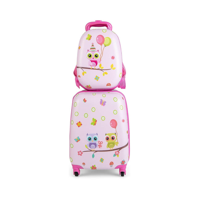 2-piece children's suitcase + backpack made of plastic children's trolley 12"+16" pink birds