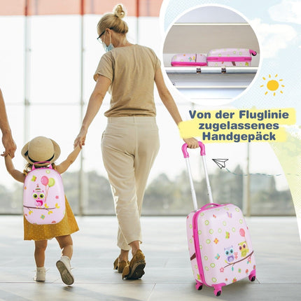 2-piece children's suitcase + backpack made of plastic children's trolley 12"+16" pink birds
