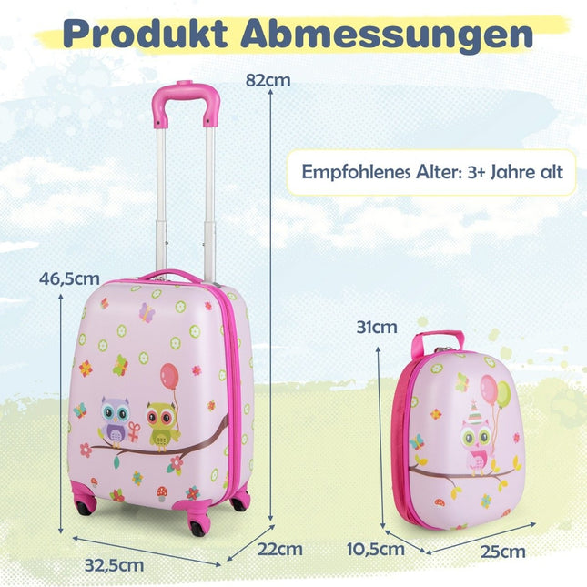 2-piece children's suitcase + backpack made of plastic children's trolley 12"+16" pink birds