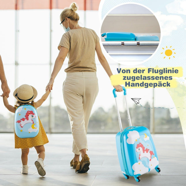 2-piece children's suitcase + backpack made of plastic children's trolley children's luggage 12"+16" blue horse