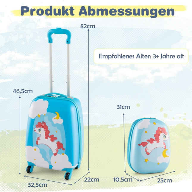 2-piece children's suitcase + backpack made of plastic children's trolley children's luggage 12"+16" blue horse