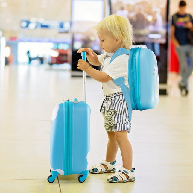 2-piece children's suitcase + backpack made of plastic children's trolley children's luggage 12" + 16" blue unicorn
