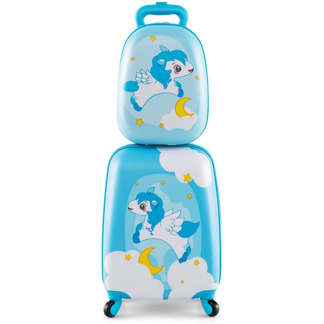 2-piece children's suitcase + backpack made of plastic children's trolley children's luggage 12" + 16" blue unicorn