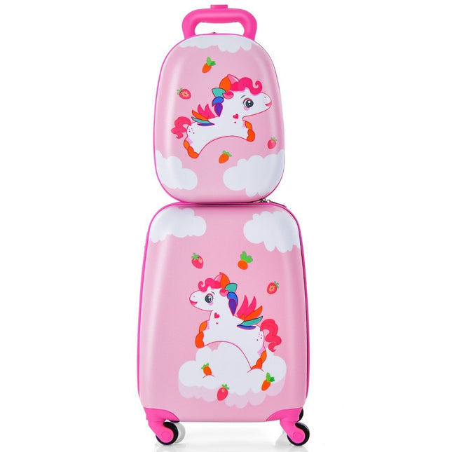 2-piece children's suitcase + backpack made of plastic children's trolley children's luggage 12"+16" pink unicorn