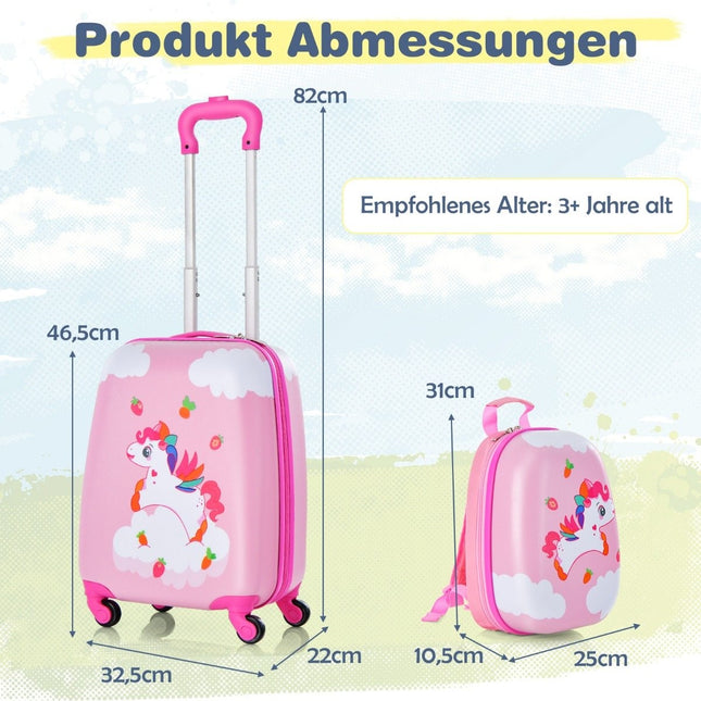 2-piece children's suitcase + backpack made of plastic children's trolley children's luggage 12"+16" pink unicorn