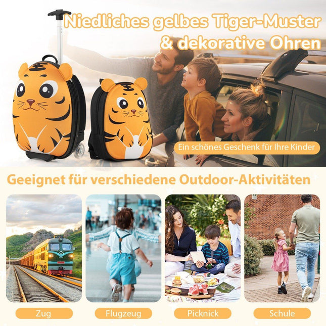 2-piece children's suitcase & backpack with wheels & 3-stage telescopic handle 12"+16" children's trolley Tiger