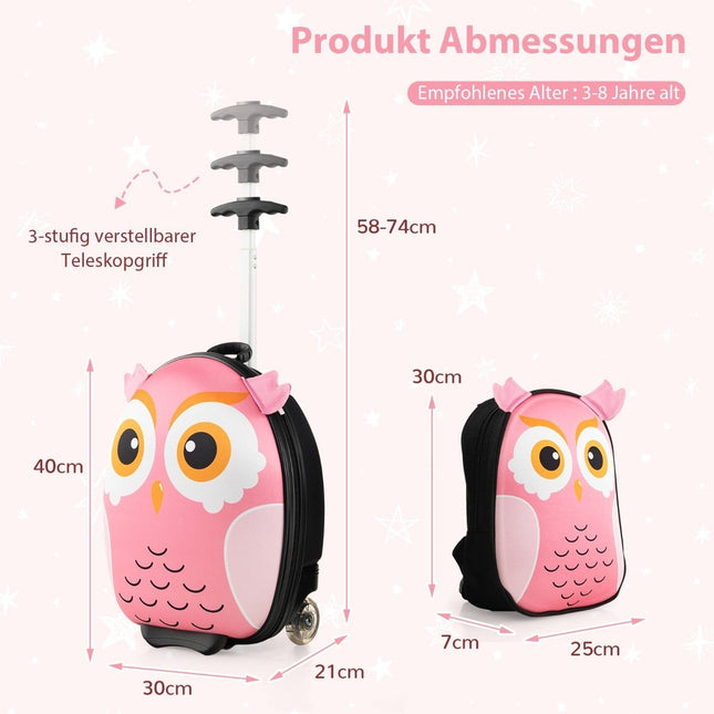 2-piece children's suitcase & backpack with wheels & 3-stage telescopic handle 12"+16" children's trolley owl