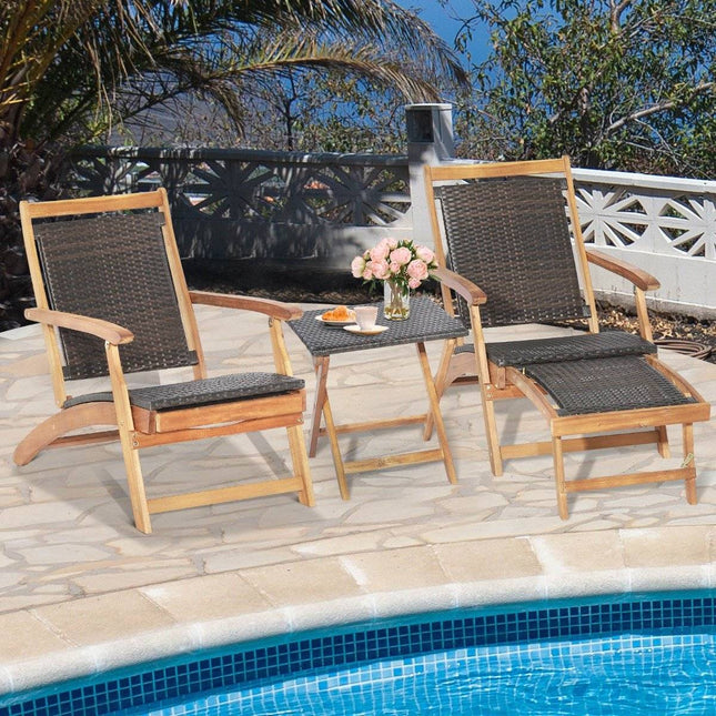 2-piece garden furniture set consisting of a chair with extendable footrest and side table made of brown acacia wood