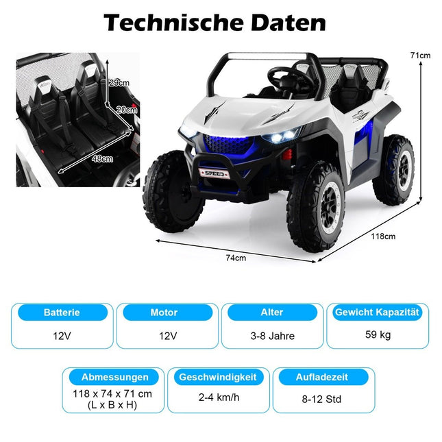2-seater 12V children's car with music and headlights 118 x 74 x 71 cm-White