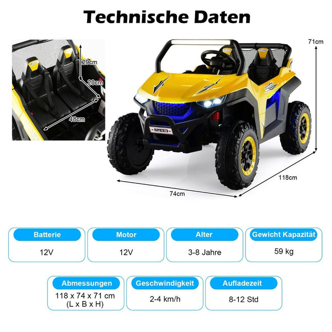 2 seater 12V children's car with music and headlights 118 x 74 x 71 cm-yellow