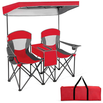 2-seater camping chair with sun protection mini table folding fishing chair with carry bag 166 x 71 x 151 cm red