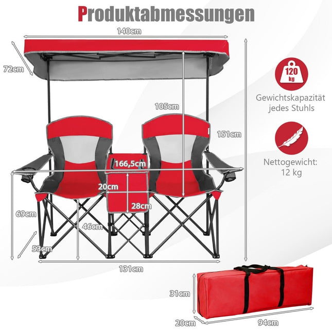 2-seater camping chair with sun protection mini table folding fishing chair with carry bag 166 x 71 x 151 cm red