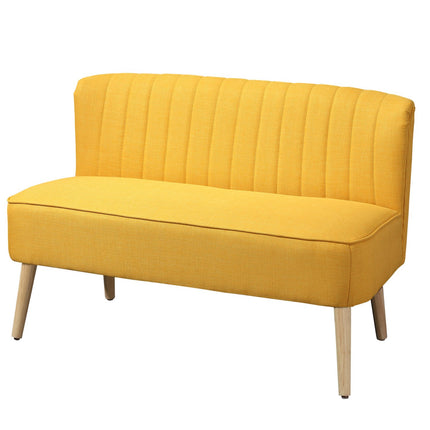 2-seater yellow fabric sofa - wooden frame, foam cushions