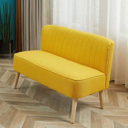 2-seater yellow fabric sofa - wooden frame, foam cushions