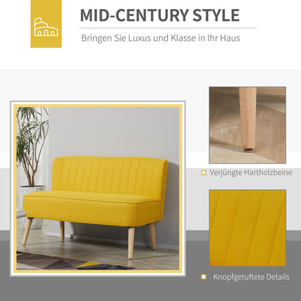 2-seater yellow fabric sofa - wooden frame, foam cushions