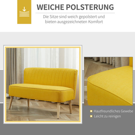 2-seater yellow fabric sofa - wooden frame, foam cushions