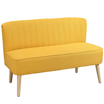 2-seater yellow fabric sofa - wooden frame, foam cushions
