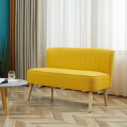 2-seater yellow fabric sofa - wooden frame, foam cushions