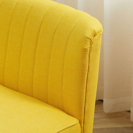 2-seater yellow fabric sofa - wooden frame, foam cushions