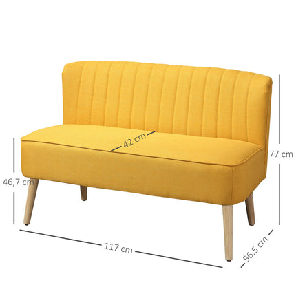 2-seater yellow fabric sofa - wooden frame, foam cushions