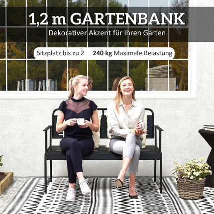2-zits tuinbank, bank met lattendesign, waterafstotend tuinmeubel met rugleuning en armleuningen, parkbank 240kg draagvermogen, balkonbank voor terras, tuin, 121 x 64 x 84cm, zwart | Aosoom