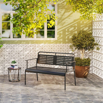 2-zits tuinbank, bank met lattendesign, waterafstotend tuinmeubel met rugleuning en armleuningen, parkbank 240kg draagvermogen, balkonbank voor terras, tuin, 121 x 64 x 84cm, zwart | Aosoom