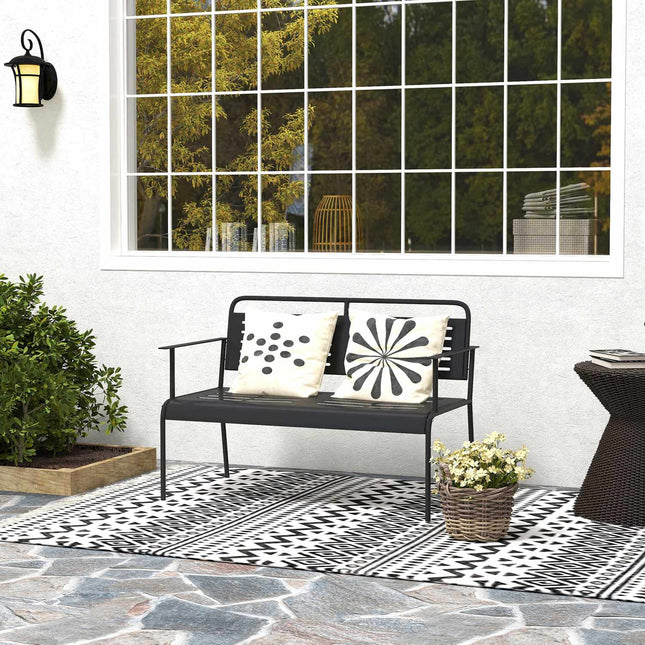 2-seater black garden bench, water-repellent, 240 kg capacity