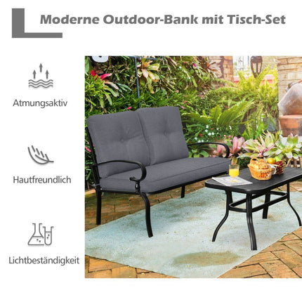 2-seater garden bench with coffee table bench with cushions gray & black