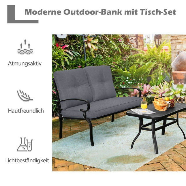 2-seater garden bench with coffee table bench with cushions gray & black