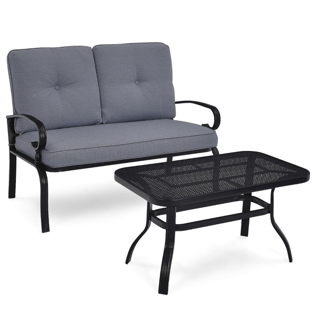 2-seater garden bench with coffee table bench with cushions gray & black