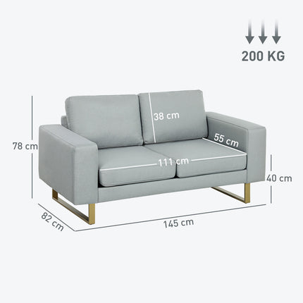 2-Seater Sofa, Light Grey, Solid Wood Frame, Metal Legs