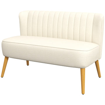 Cream white 2-seater sofa with wooden legs, linen look