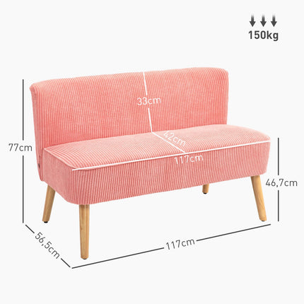 2-zitsbank, gestoffeerde bank, tweezitsbank, tweezitsbank, koordachtig polyesterschuim voor woonkamer, slaapkamer, 117 x 56,5 x 77 cm, roze