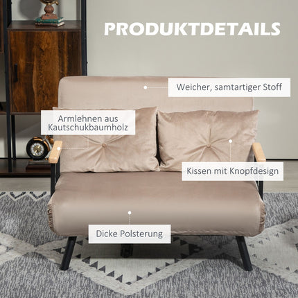 2-seater velvet sofa bed, adjustable backrest, light brown