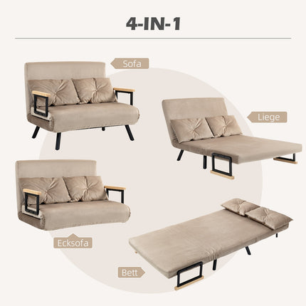2-seater velvet sofa bed, adjustable backrest, light brown