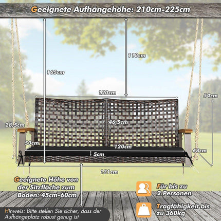 2-seater swing bench with cushions PE rattan hanging bench up to 360 kg garden swing black