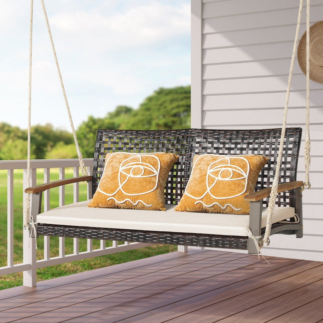 2-seater swing bench with cushions PE rattan hanging bench up to 360 kg garden swing white