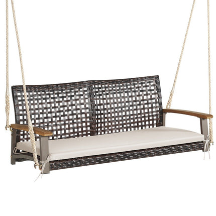 2-seater swing bench with cushions PE rattan hanging bench up to 360 kg garden swing white