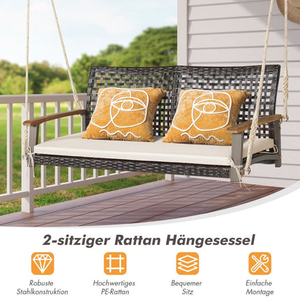 2-seater swing bench with cushions PE rattan hanging bench up to 360 kg garden swing white