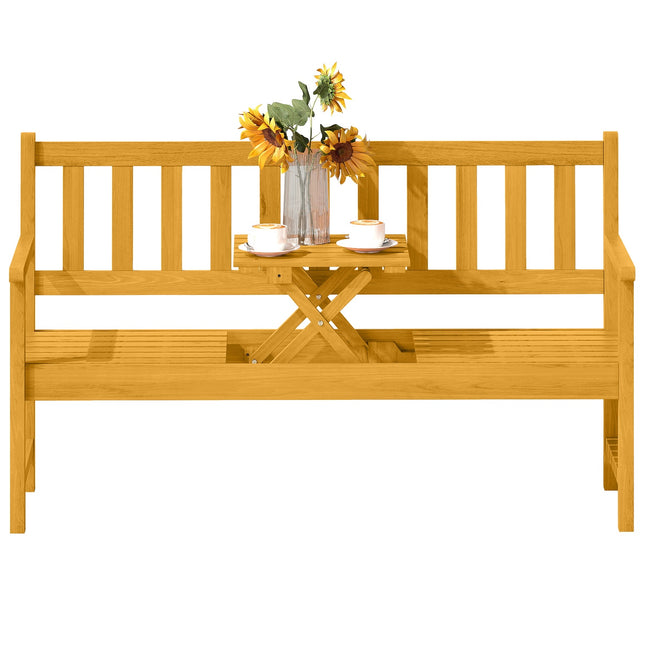 2-Seater Acacia Garden Bench, Teak Finish, Foldable Table