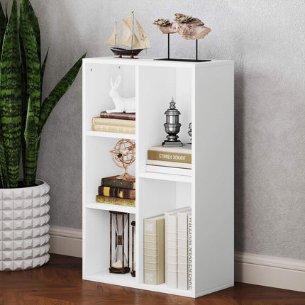 Two-Tier Bookshelf, 5 Compartments, White Particleboard