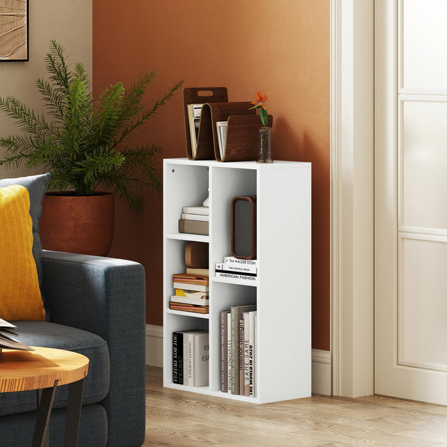 Two-Tier Bookshelf, 5 Compartments, White Particleboard