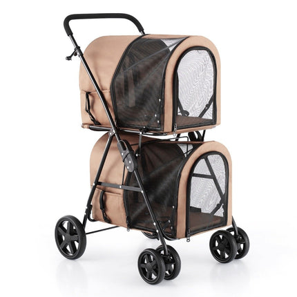 2 tier dog stroller up to 16 kg dog buggy with mesh windows drink holder beige